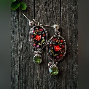 Artisan Folklore Silver Toned and Multicolor Floral Glass Domed Earrings